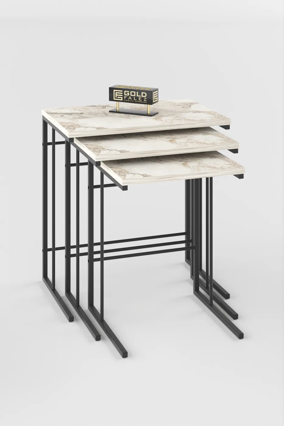 Solo 3-Piece Square Nesting Table Set - White Marble Effect