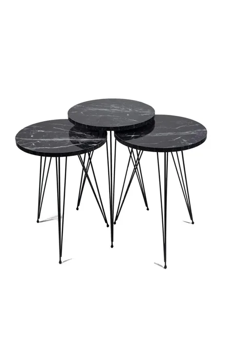 3-Piece Round Nesting Table Set Wire Legs - Black Marble Effect