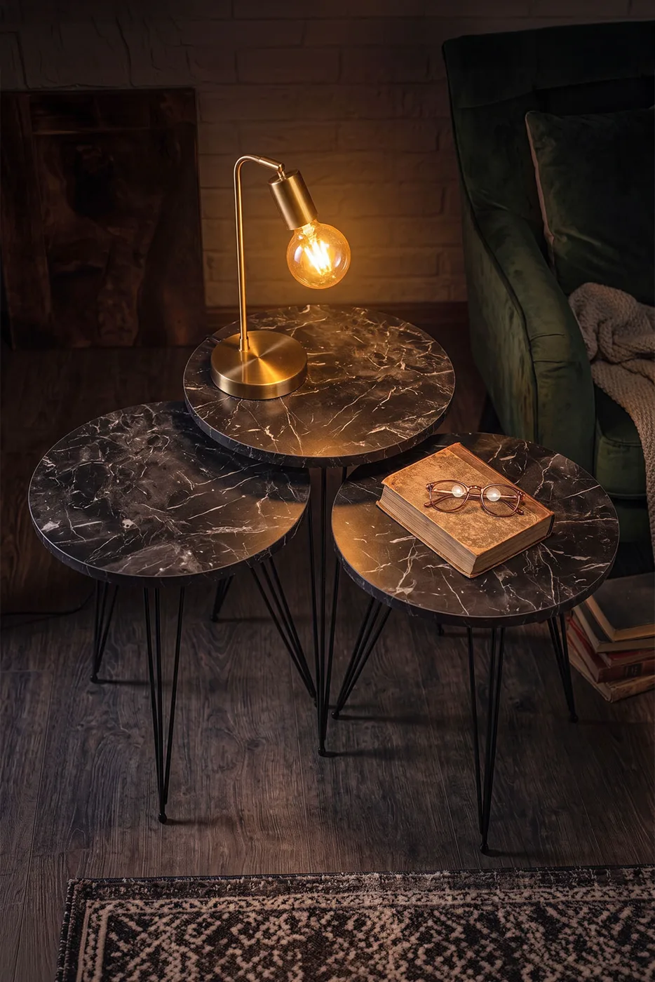 3-Piece Round Nesting Table Set Wire Legs - Black Marble Effect