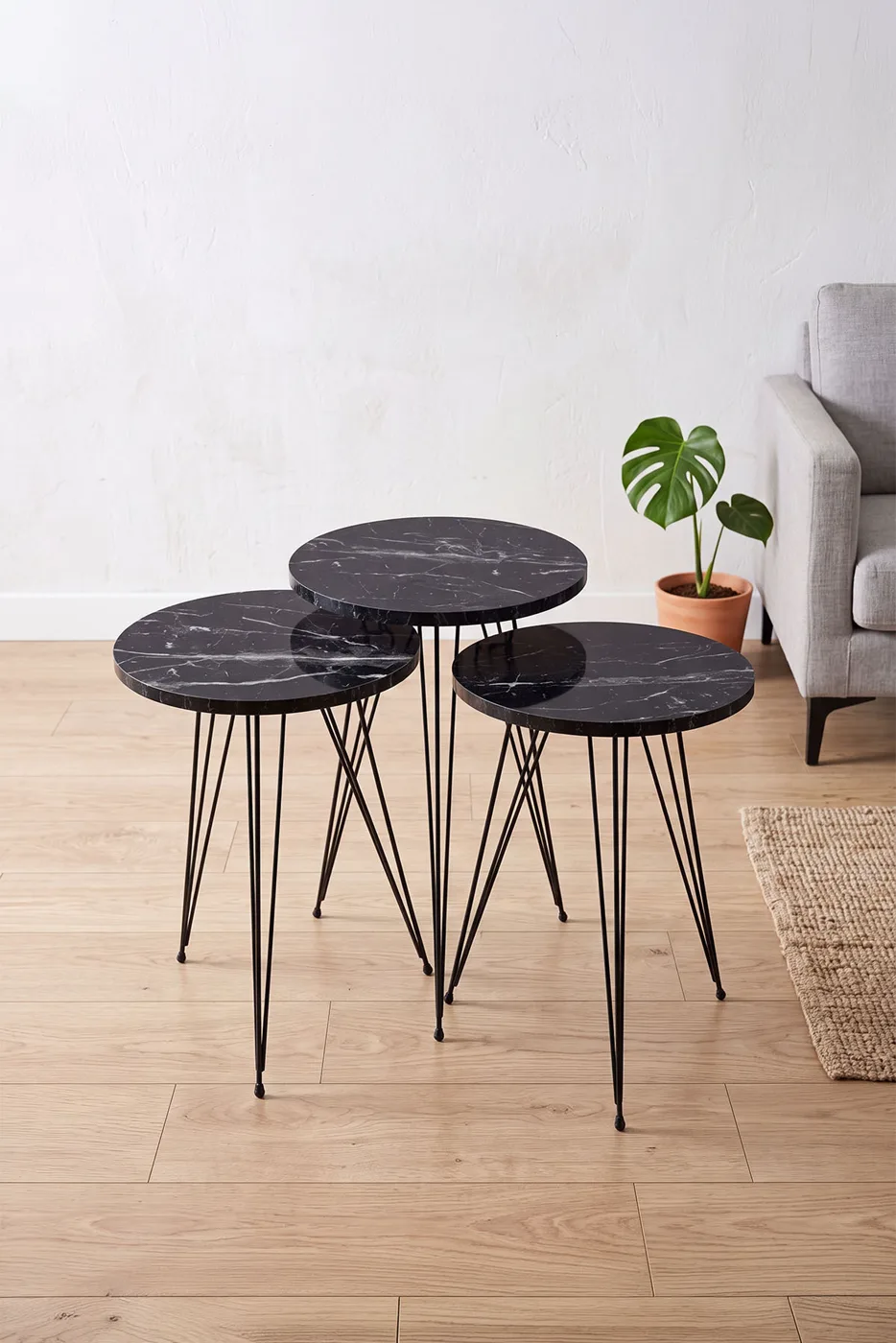3-Piece Round Nesting Table Set Wire Legs - Black Marble Effect