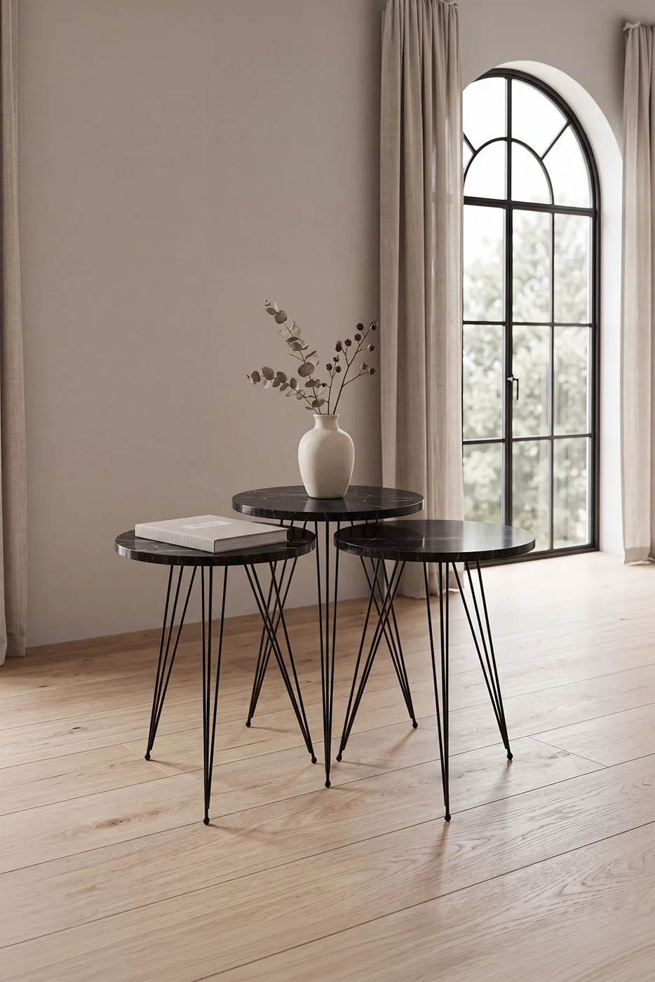 3-Piece Round Nesting Table Set Wire Legs - Black Marble Effect