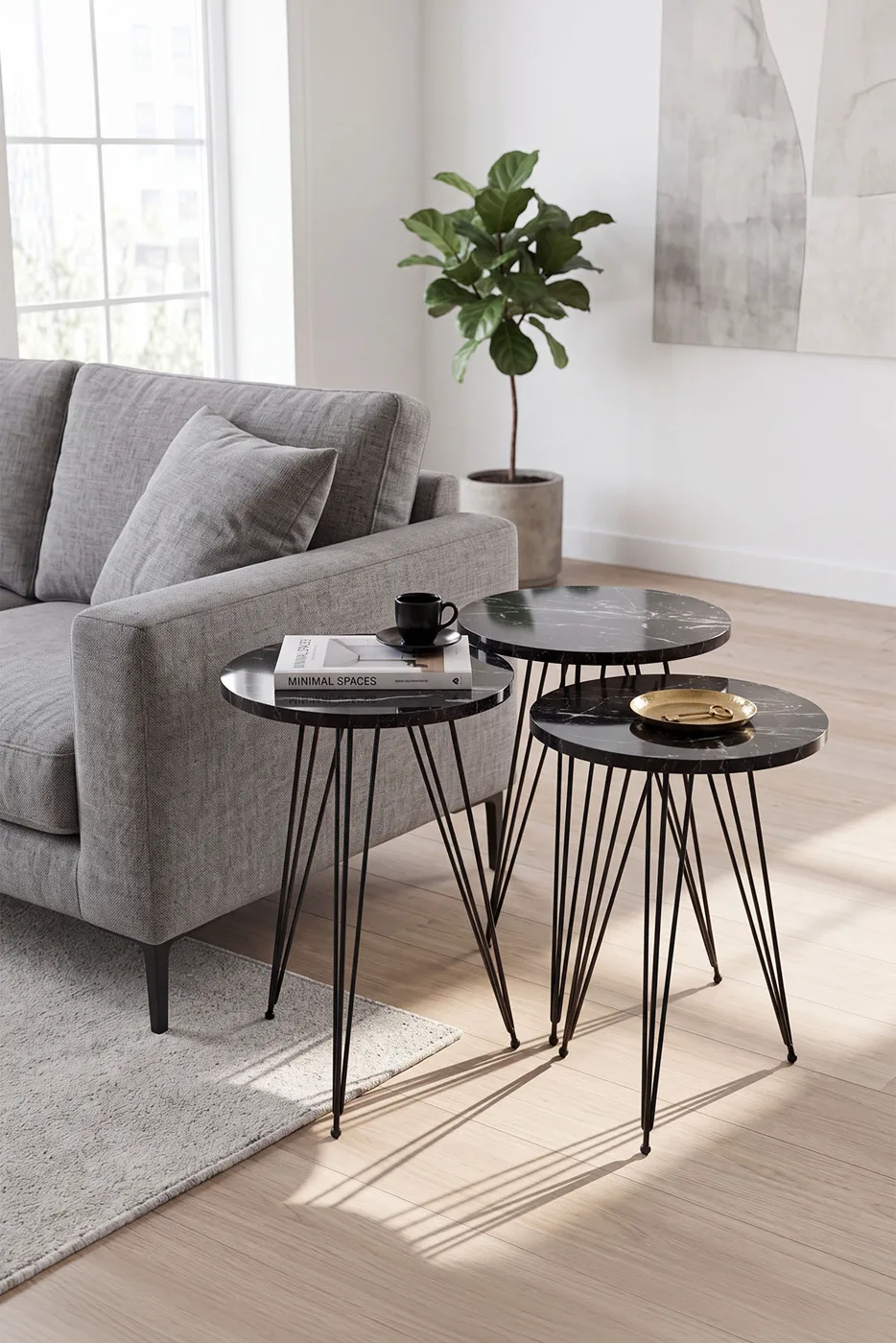 3-Piece Round Nesting Table Set Wire Legs - Black Marble Effect