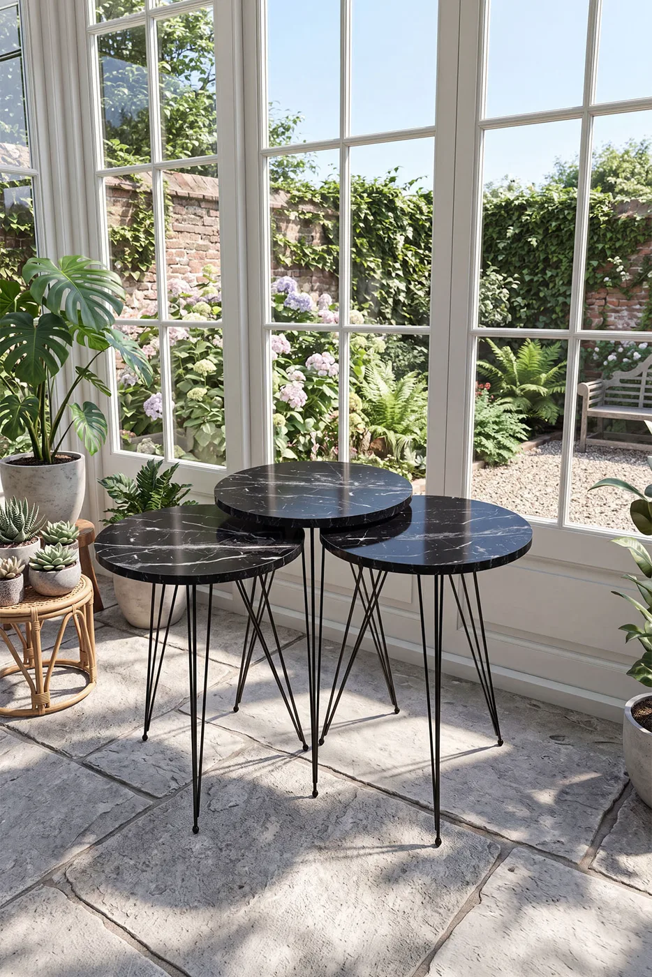 3-Piece Round Nesting Table Set Wire Legs - Black Marble Effect
