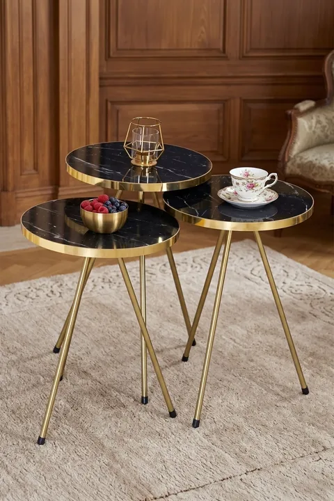 Round Nesting Table Set Gold Metal Legs - Gold 2