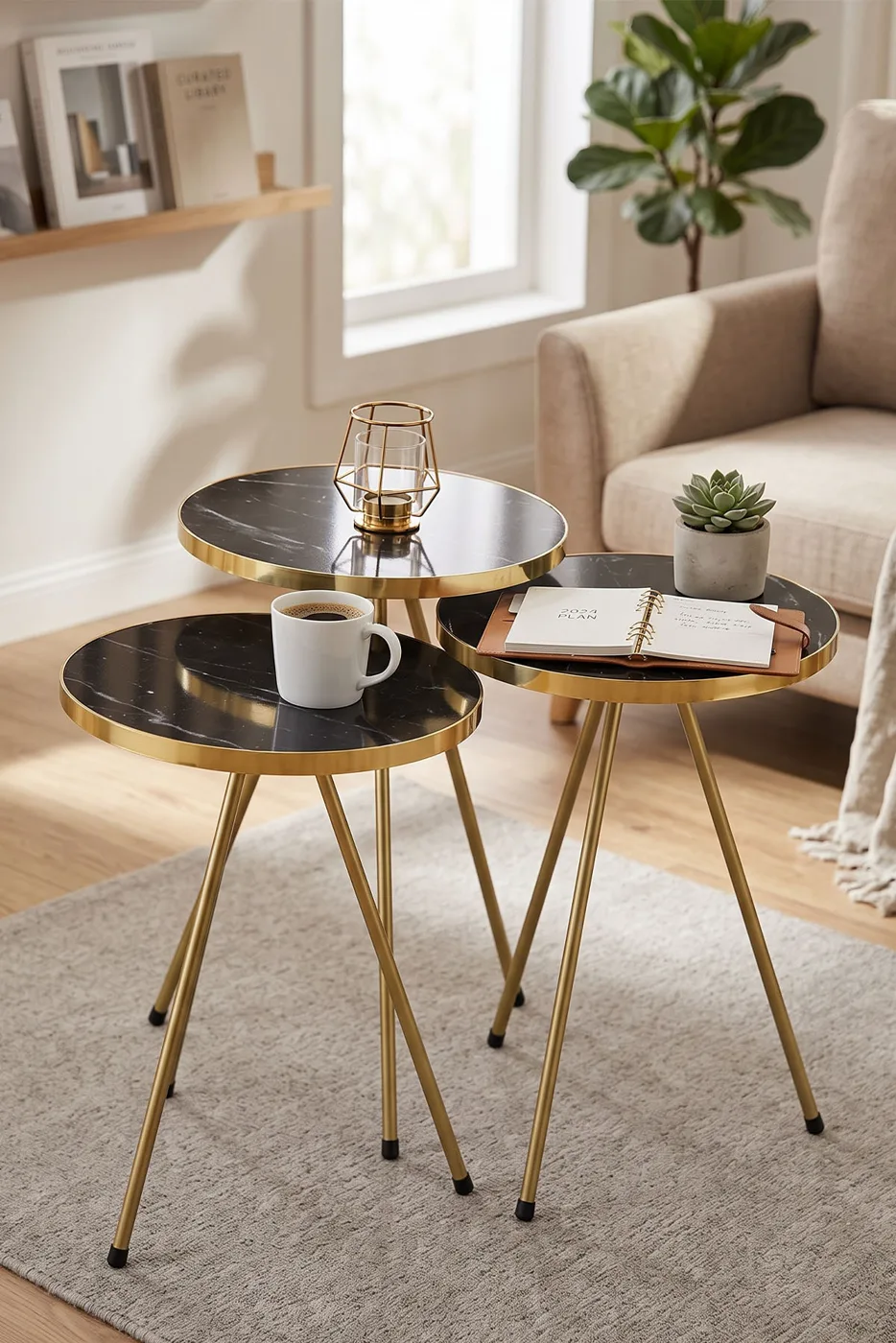 Round Nesting Table Set Gold Metal Legs - Gold 2
