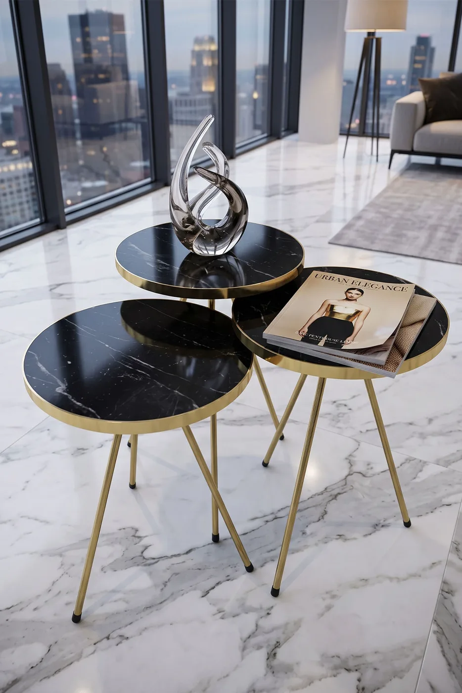 Round Nesting Table Set Gold Metal Legs - Gold 2