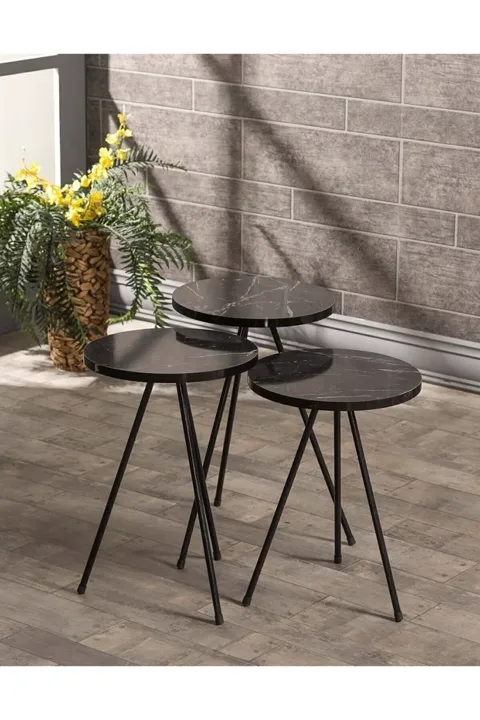 3-Piece Round Nesting Table Set Metal Legs - Black Marble Effect 2