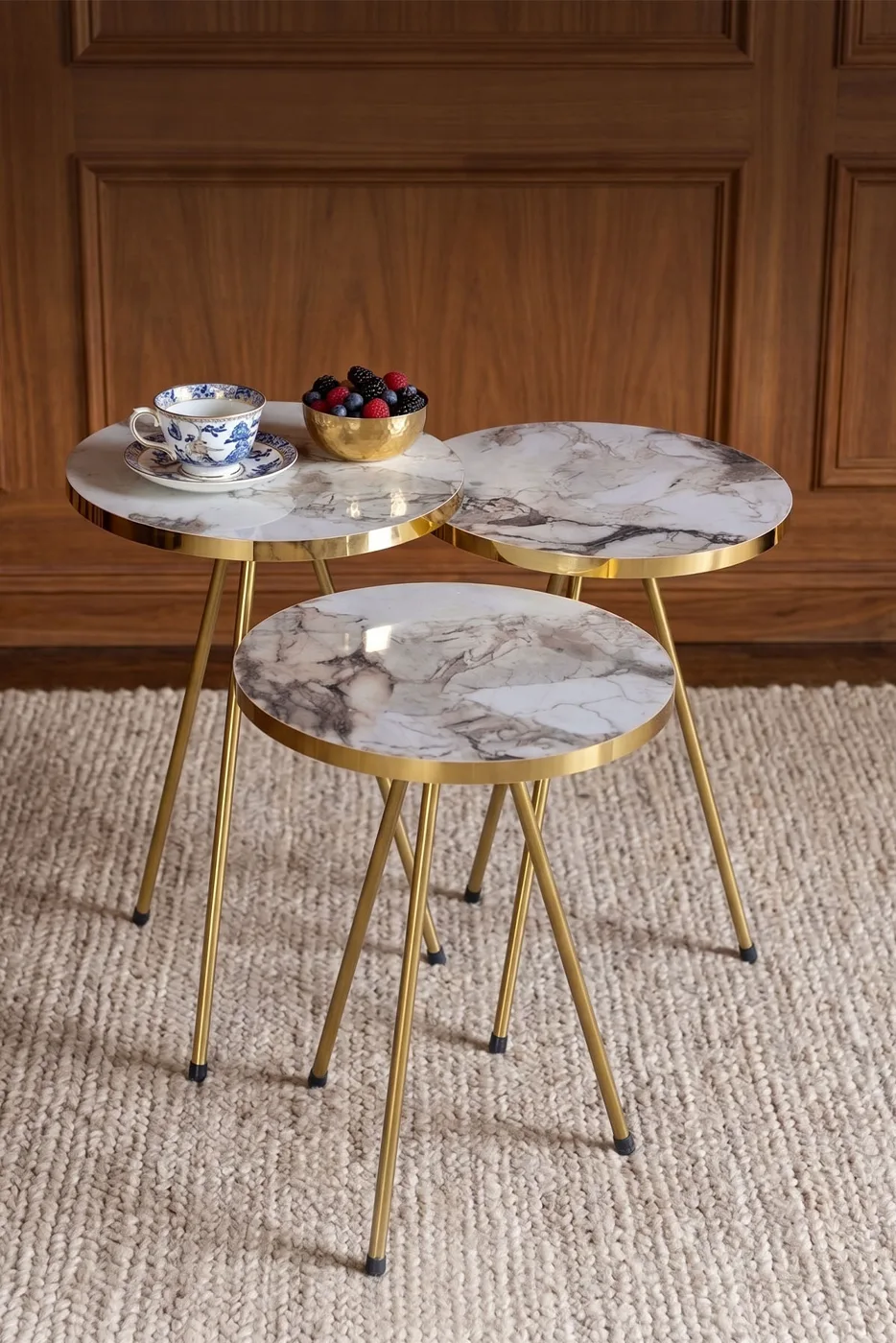 Round Nesting Table Set Gold Metal Legs - White Marble Effect