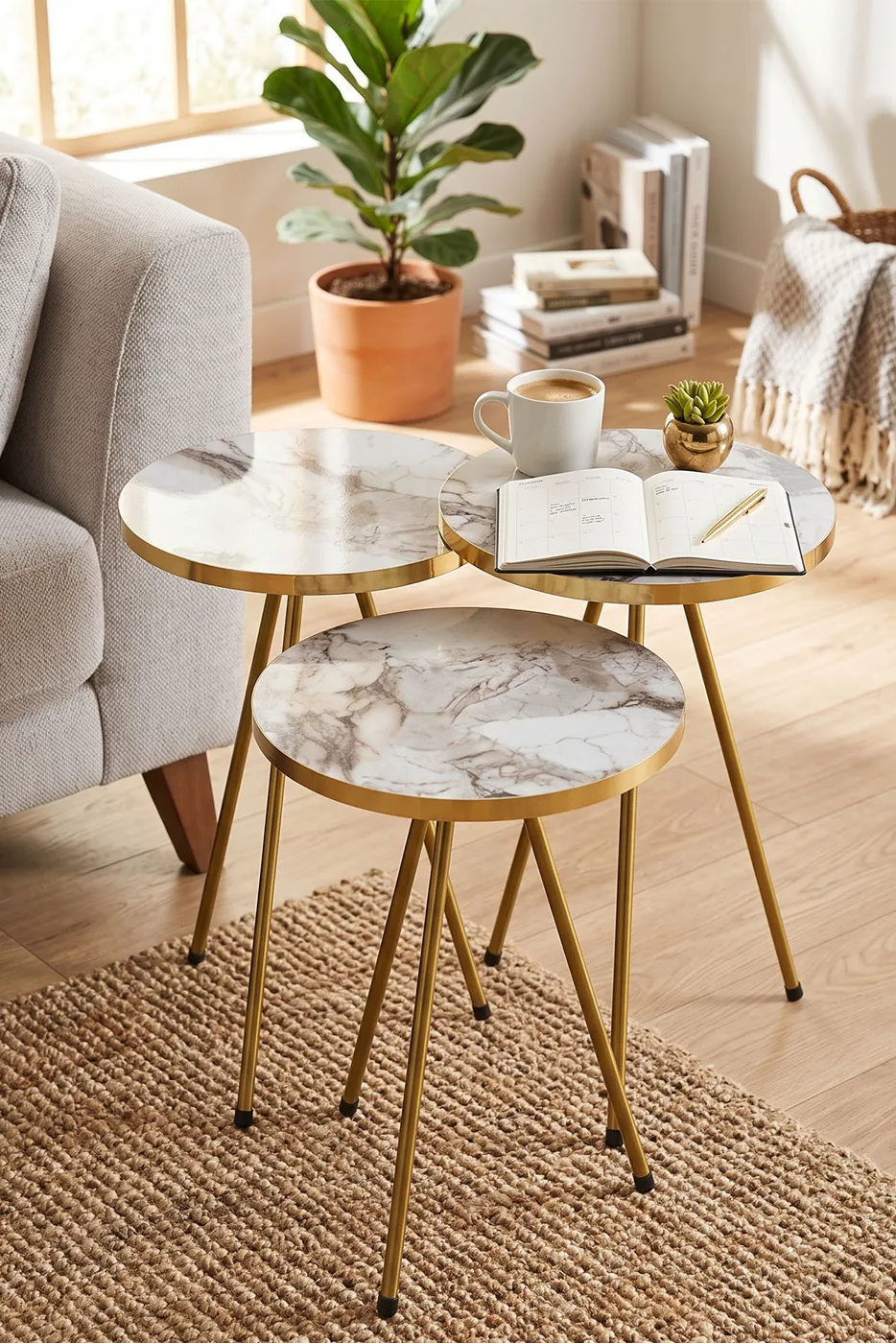Round Nesting Table Set Gold Metal Legs - White Marble Effect