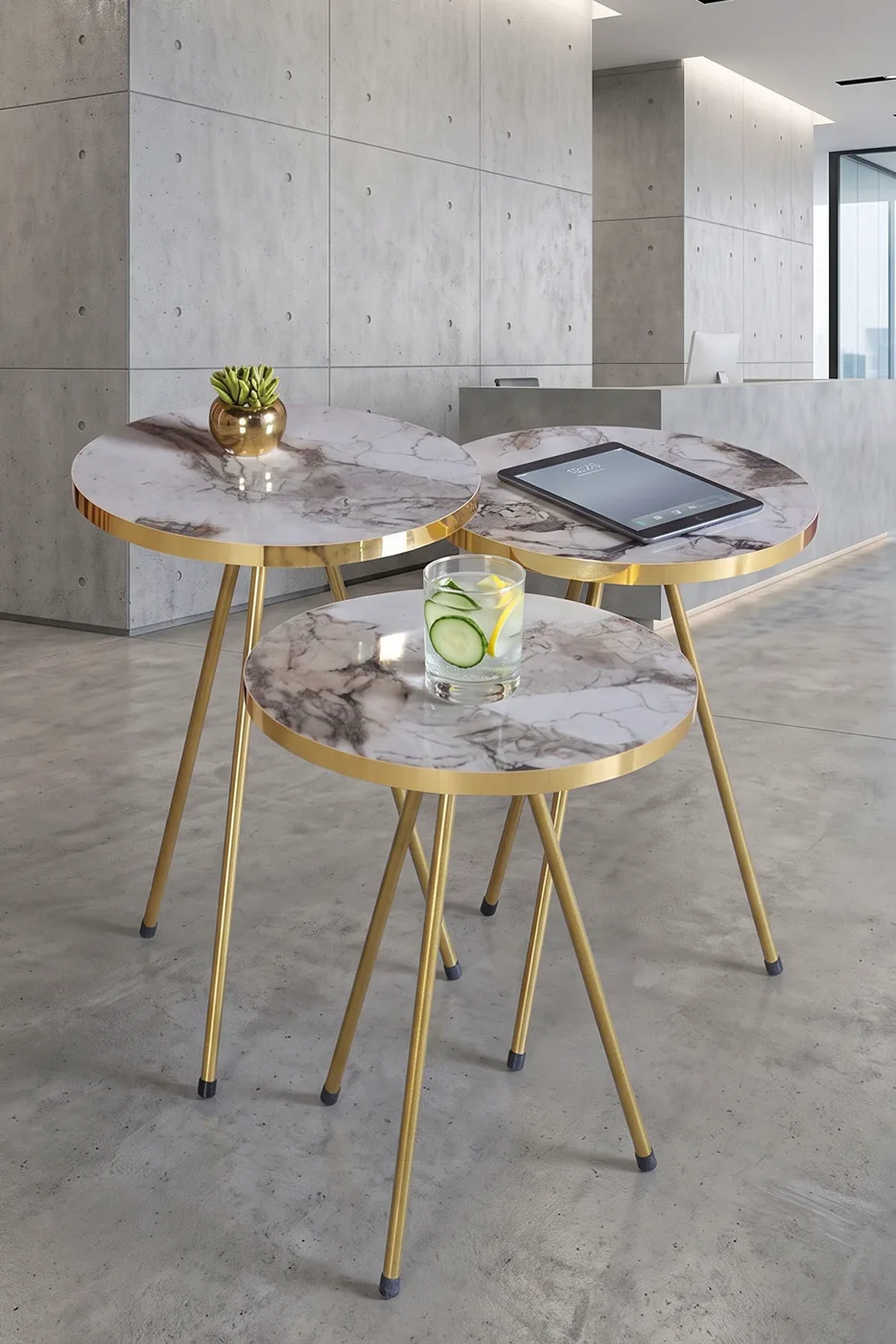 Round Nesting Table Set Gold Metal Legs - White Marble Effect