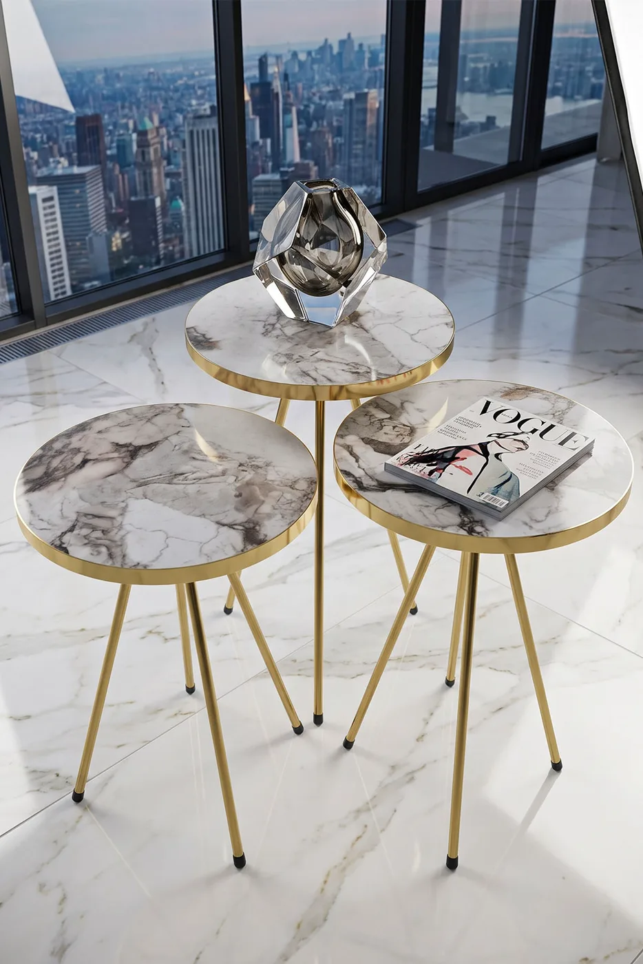 Round Nesting Table Set Gold Metal Legs - White Marble Effect