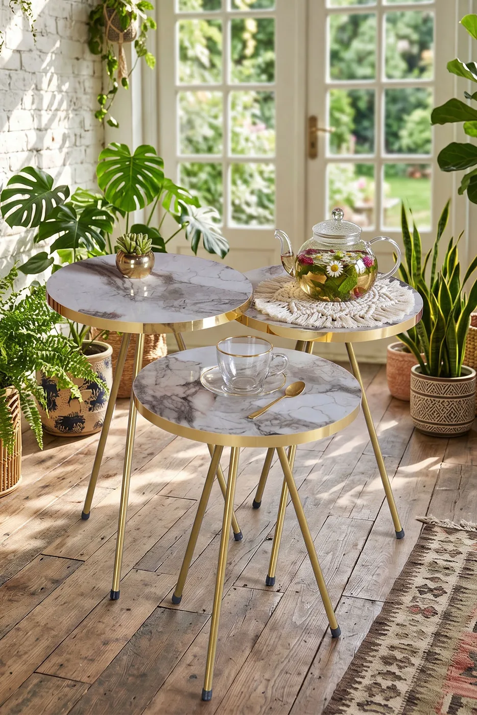 Round Nesting Table Set Gold Metal Legs - White Marble Effect