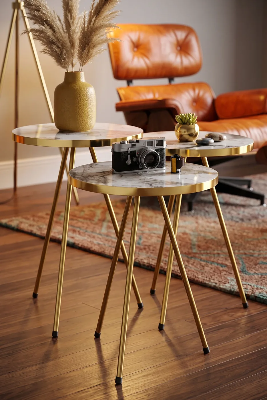 Round Nesting Table Set Gold Metal Legs - White Marble Effect