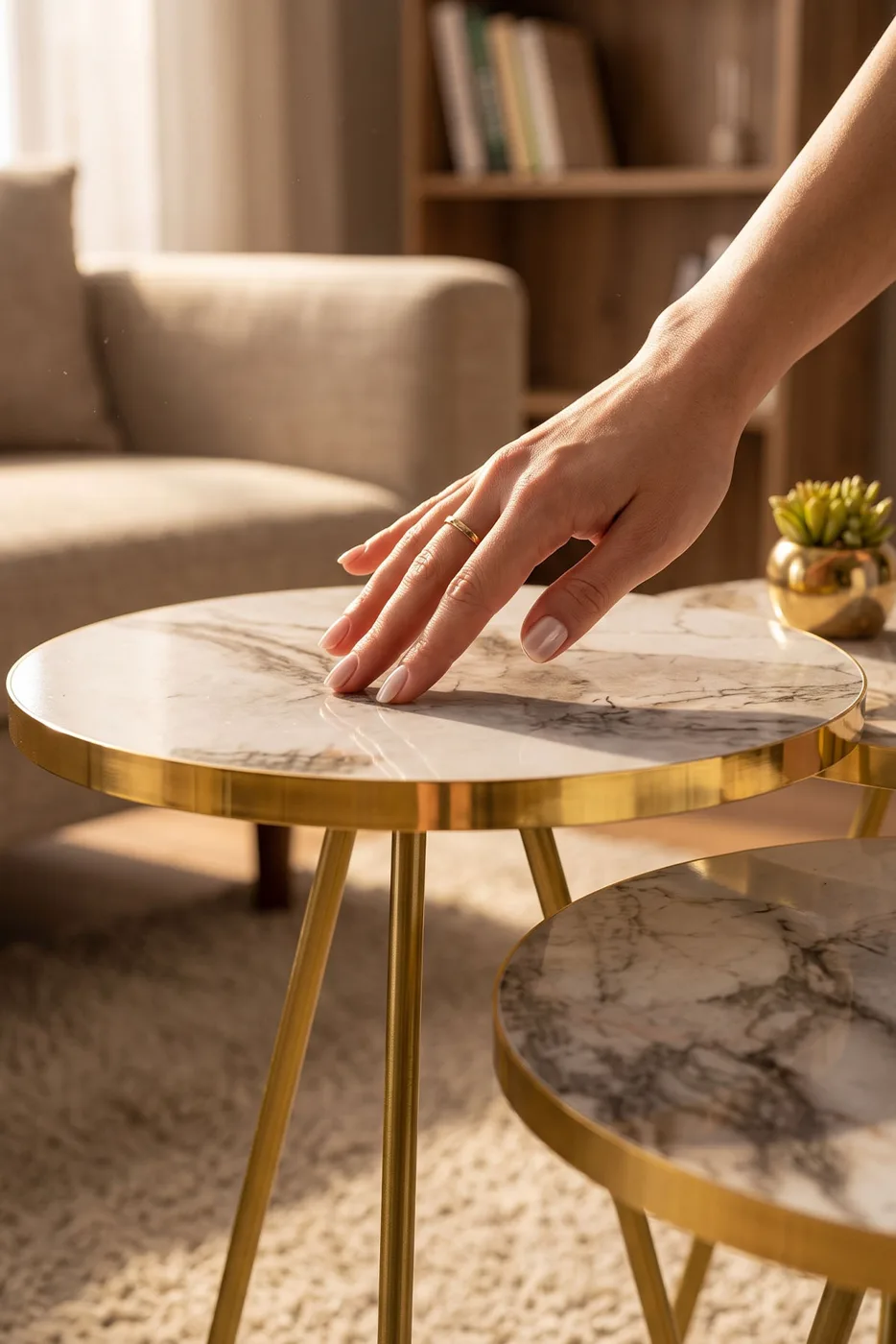 Round Nesting Table Set Gold Metal Legs - White Marble Effect