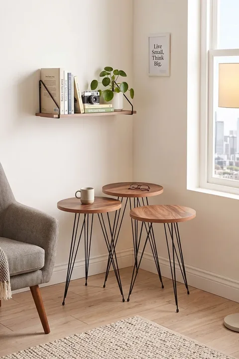 3-Piece Round Nesting Table Set Wire Legs - Walnut
