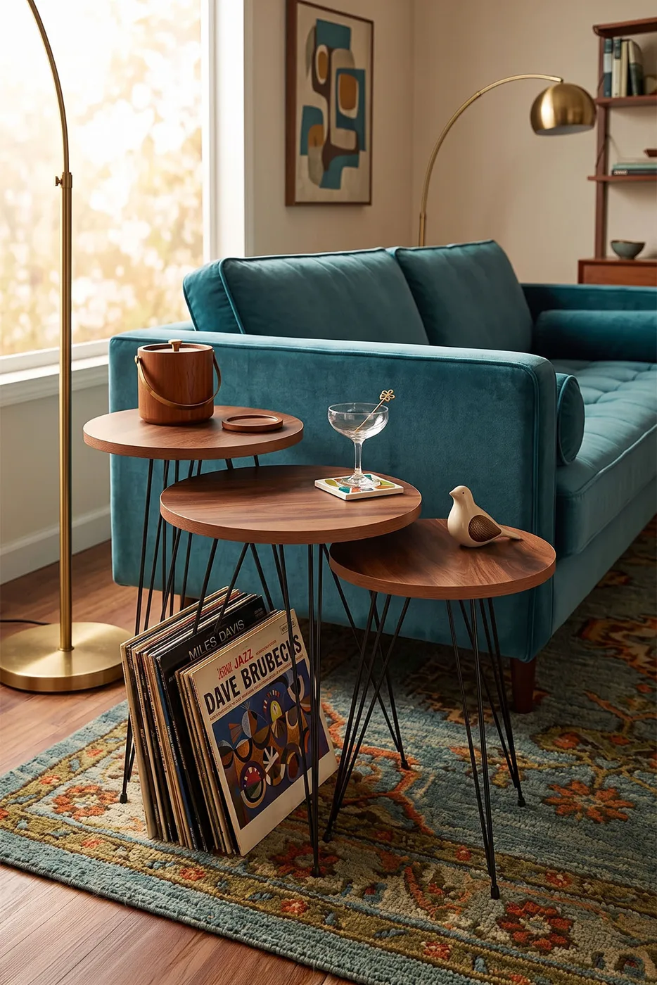 3-Piece Round Nesting Table Set Wire Legs - Walnut