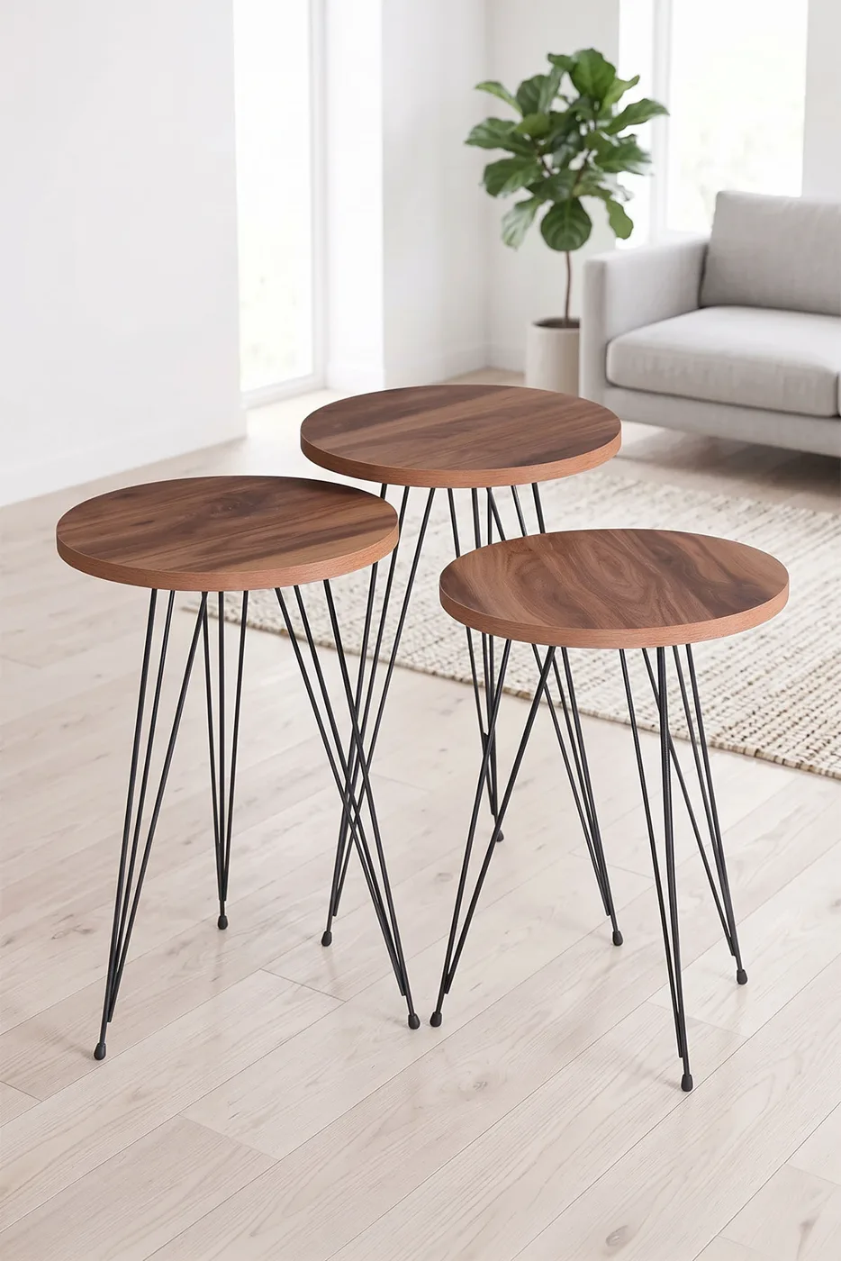 3-Piece Round Nesting Table Set Wire Legs - Walnut