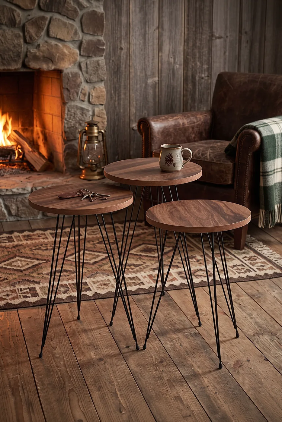 3-Piece Round Nesting Table Set Wire Legs - Walnut