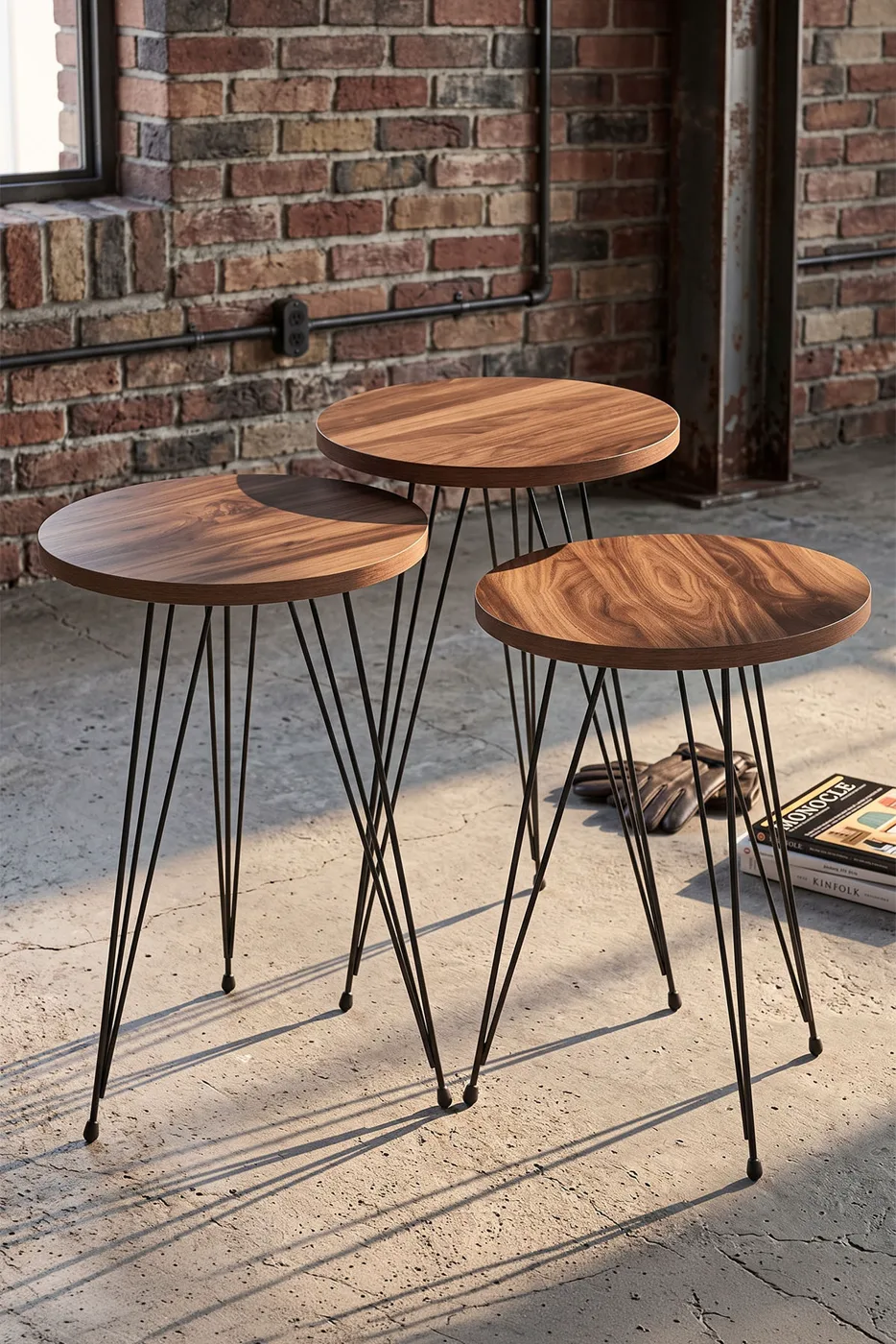 3-Piece Round Nesting Table Set Wire Legs - Walnut
