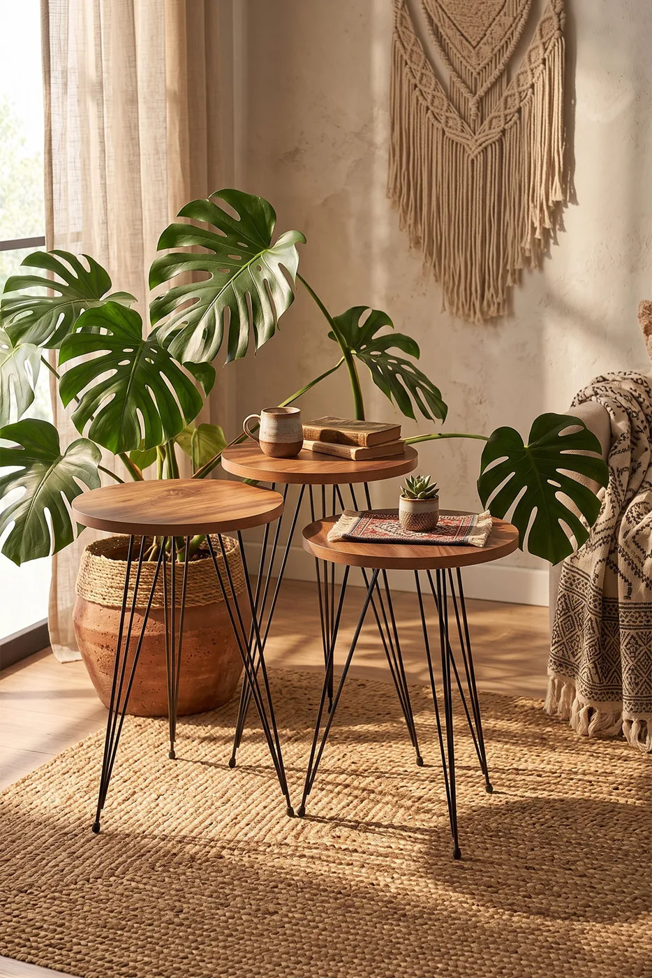 3-Piece Round Nesting Table Set Wire Legs - Walnut