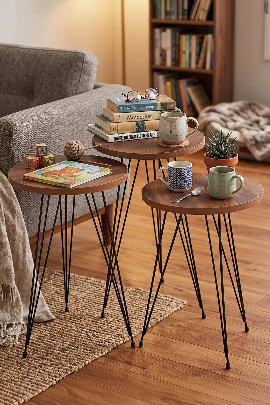 3-Piece Round Nesting Table Set Wire Legs - Walnut