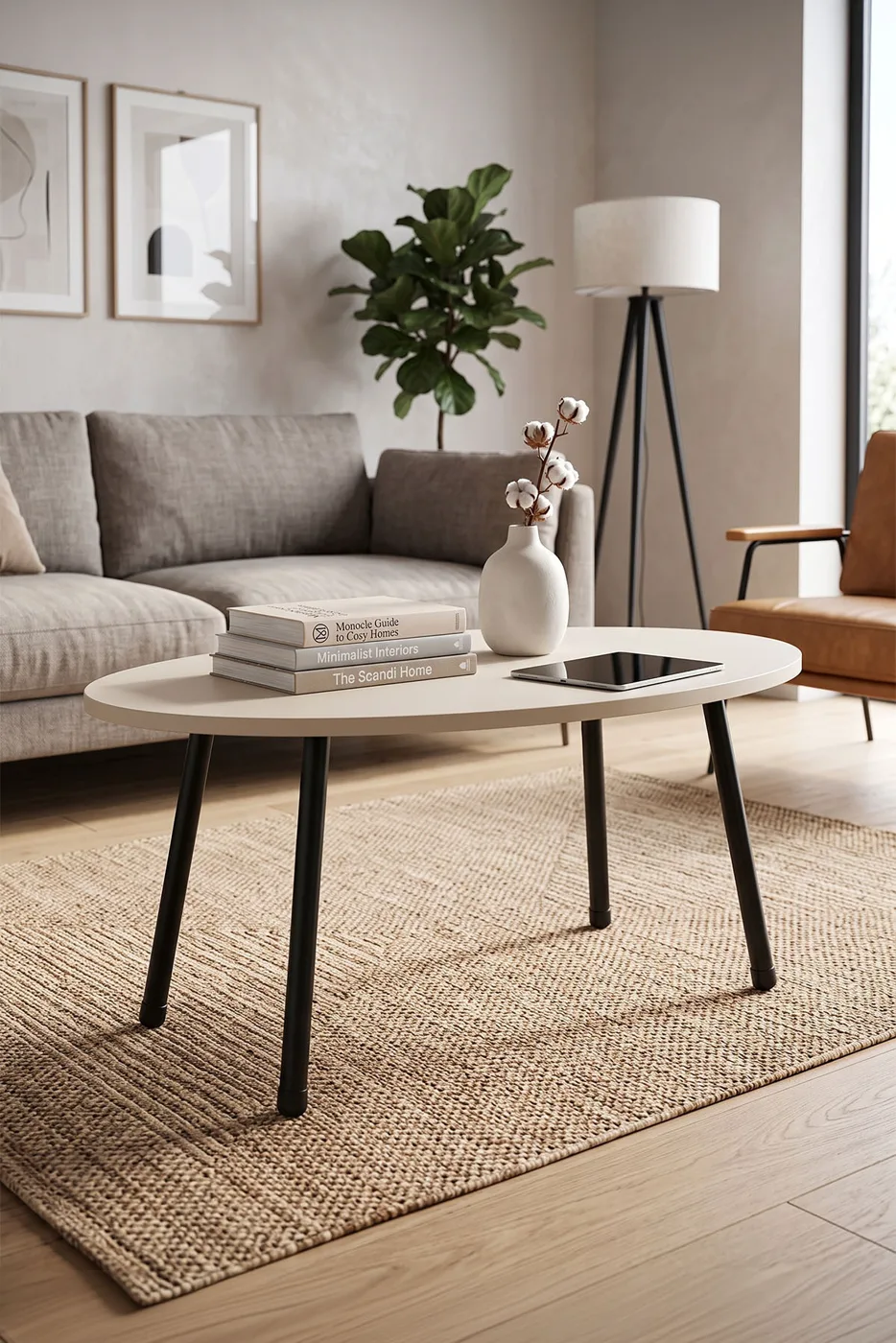 Oval Coffee Table Metal Legs - Cream