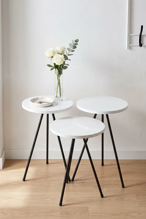 3-Piece Round Nesting Table Set Metal Legs - White