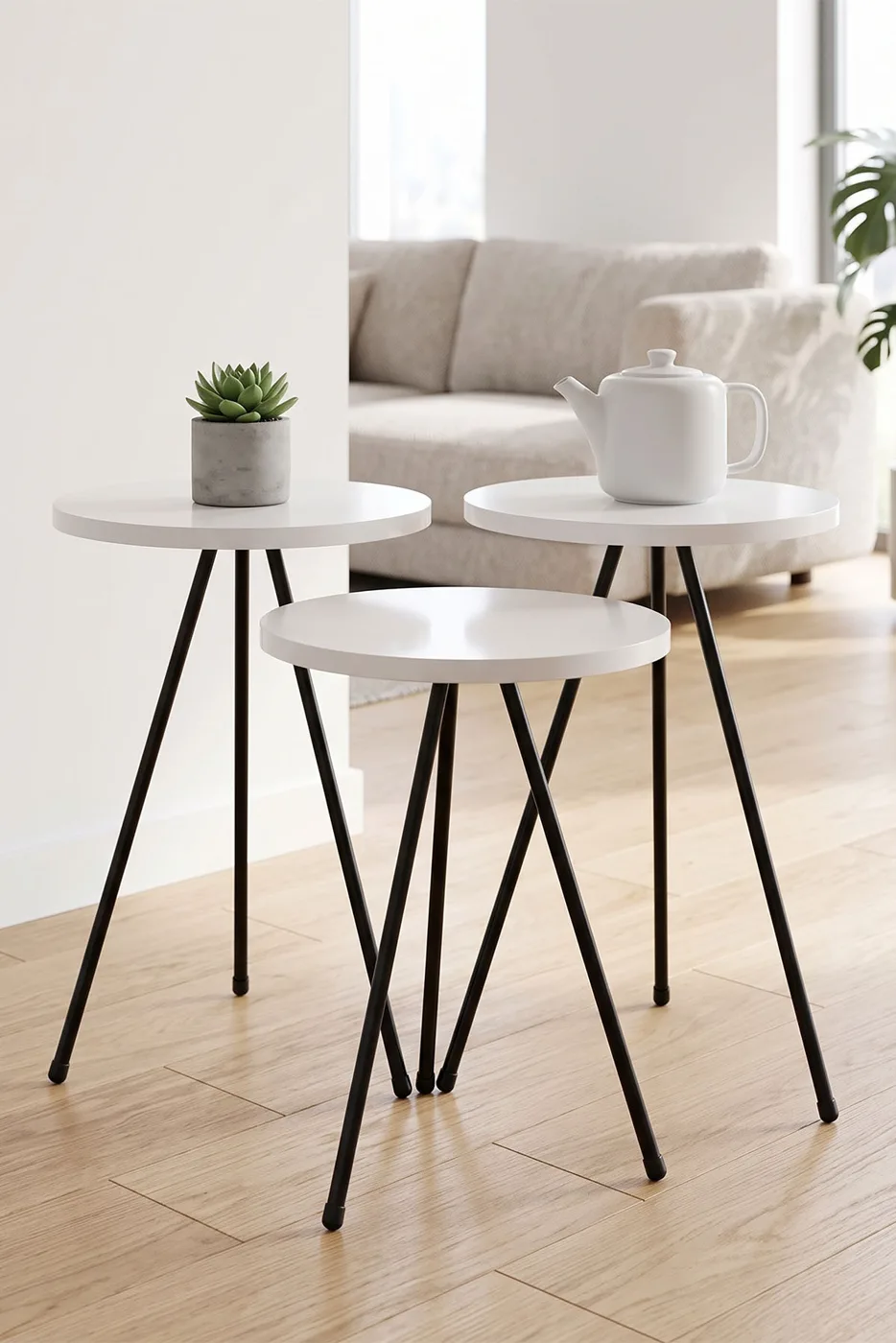 3-Piece Round Nesting Table Set Metal Legs - White