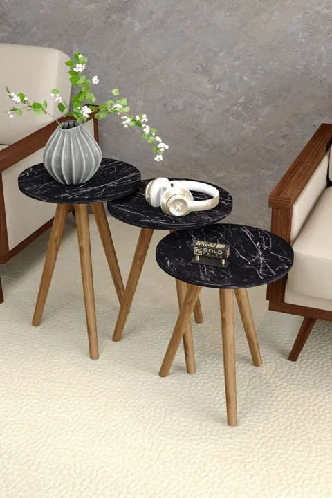 3-Piece Round Nesting Table Set Turned Wooden Legs - Pattern