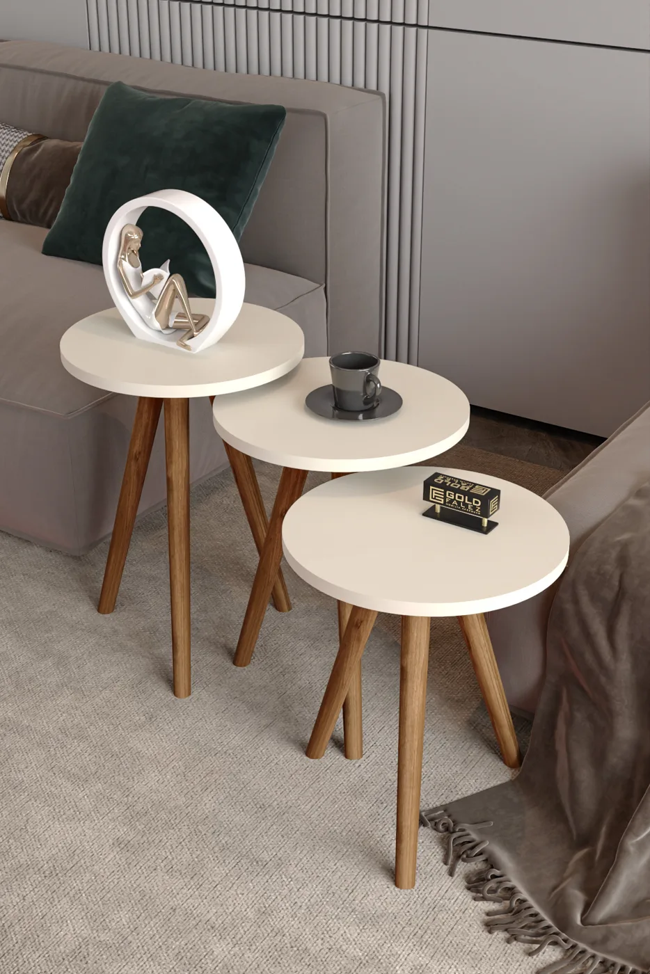 3-Piece Round Nesting Table Set Turned Wooden Legs - Cream