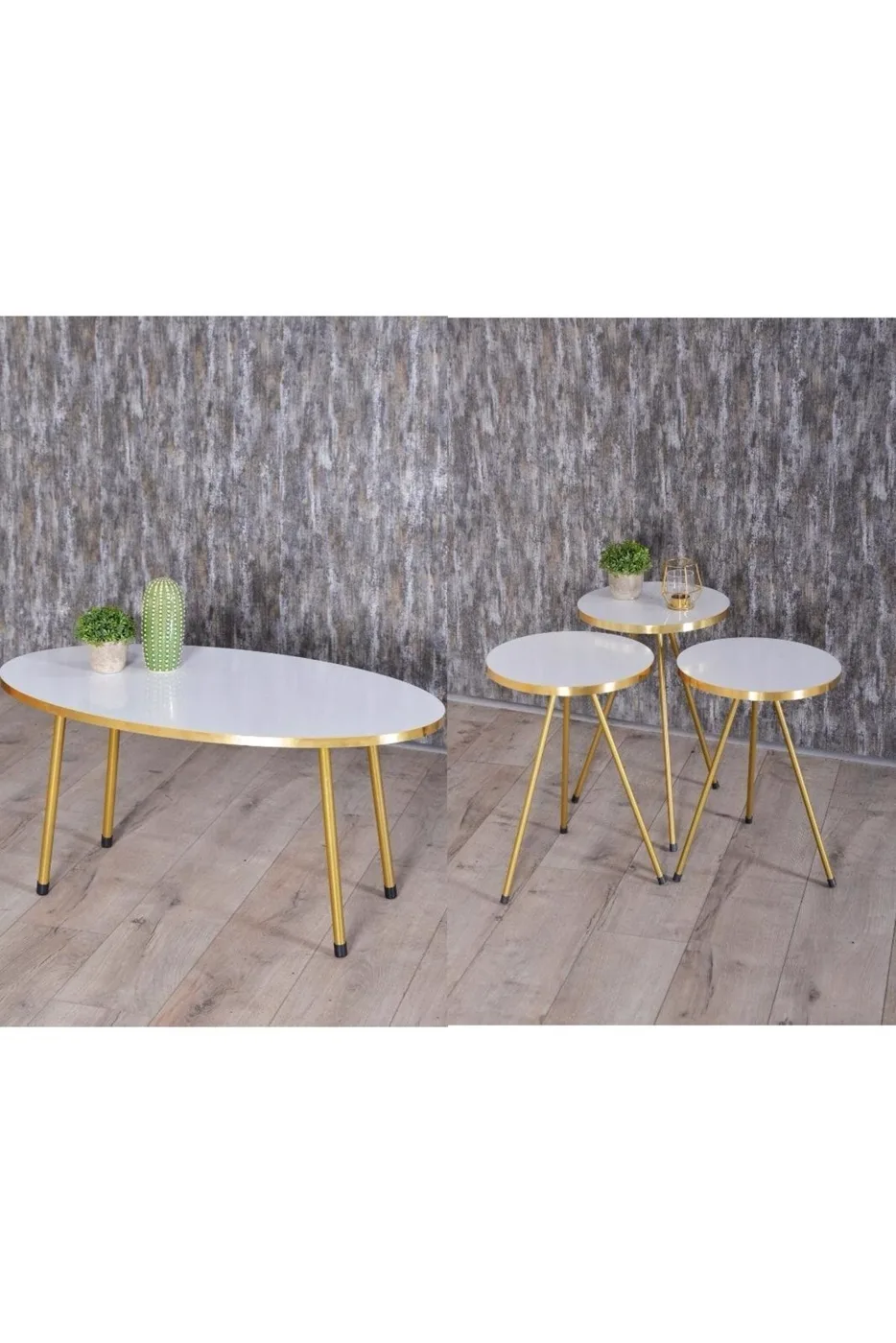 Oval Coffee & Nesting Table Set Gold Metal Legs - White