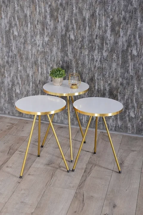Oval Coffee & Nesting Table Set Gold Metal Legs - White