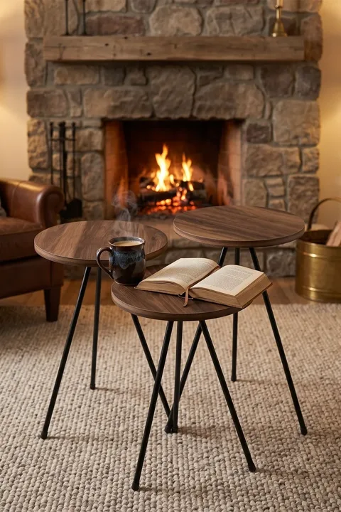 3-Piece Round Nesting Table Set Metal Legs - Walnut