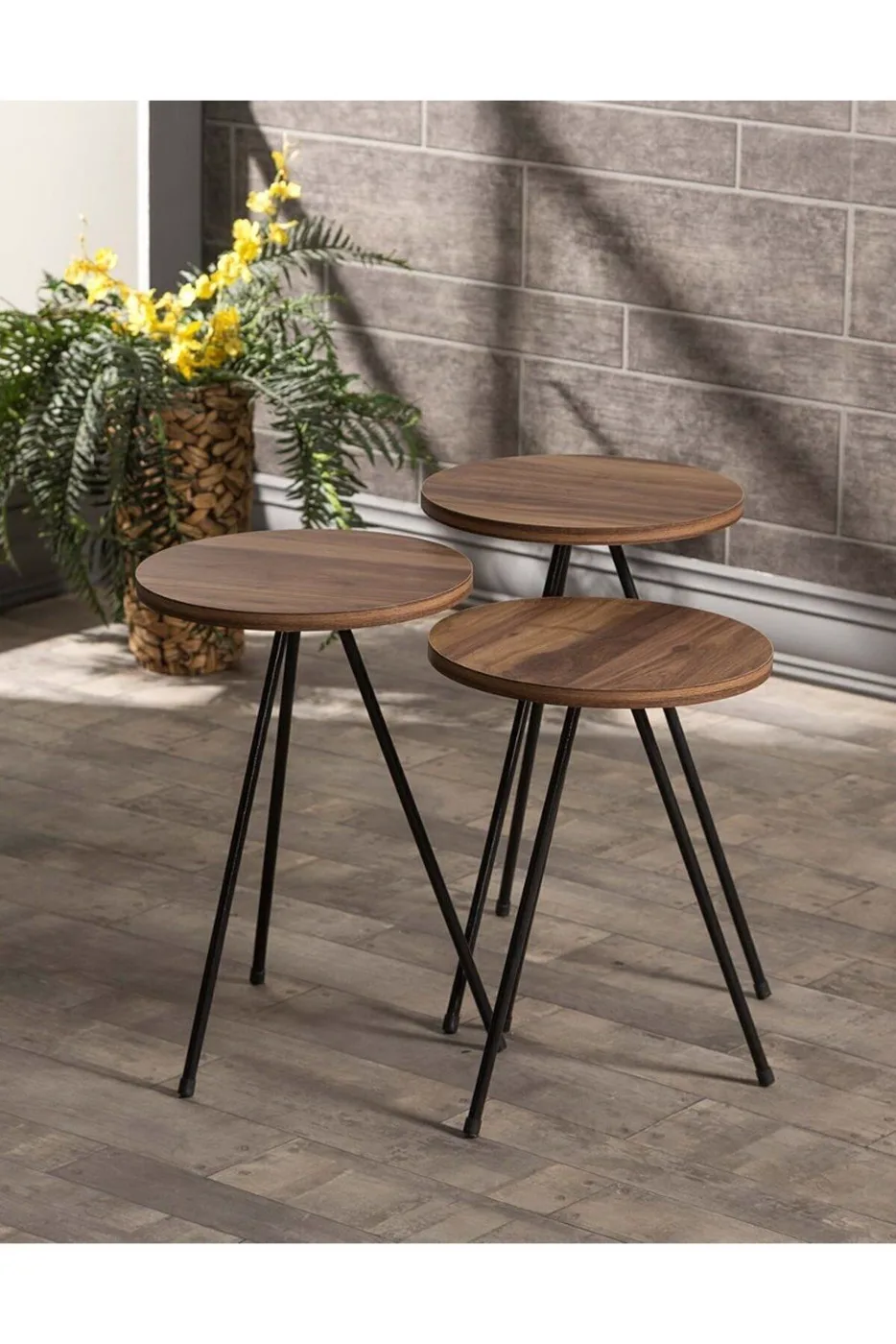 3-Piece Round Nesting Table Set Metal Legs - Walnut