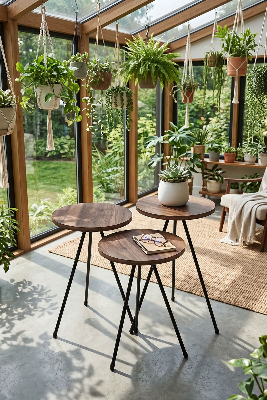 3-Piece Round Nesting Table Set Metal Legs - Walnut