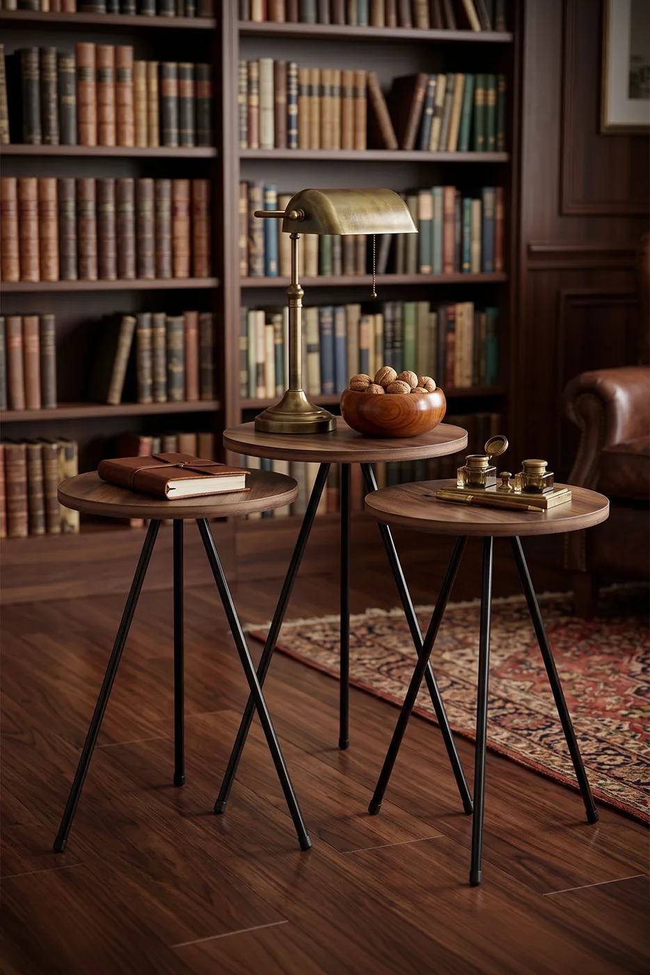 3-Piece Round Nesting Table Set Metal Legs - Walnut