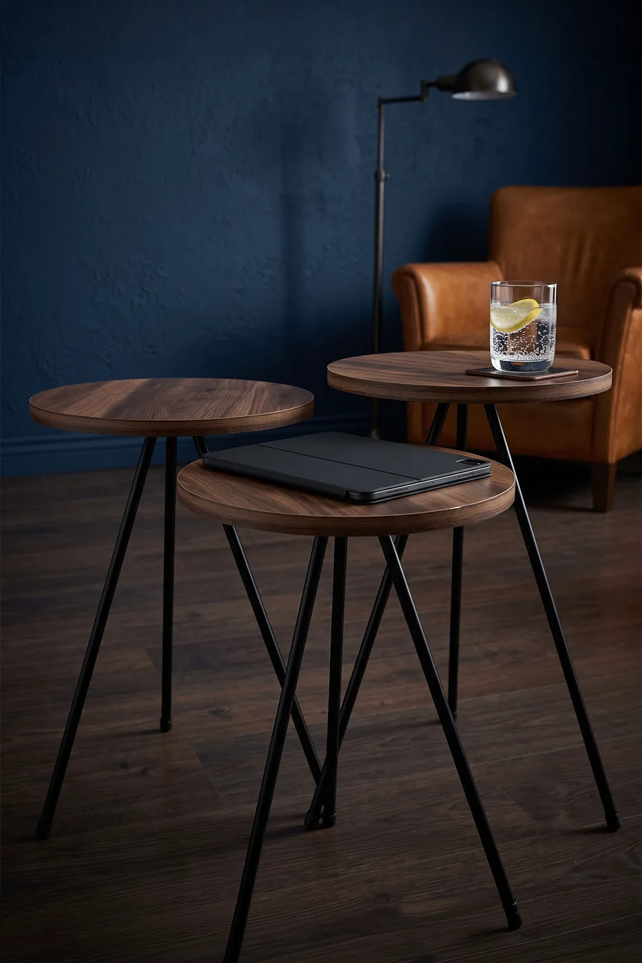 3-Piece Round Nesting Table Set Metal Legs - Walnut