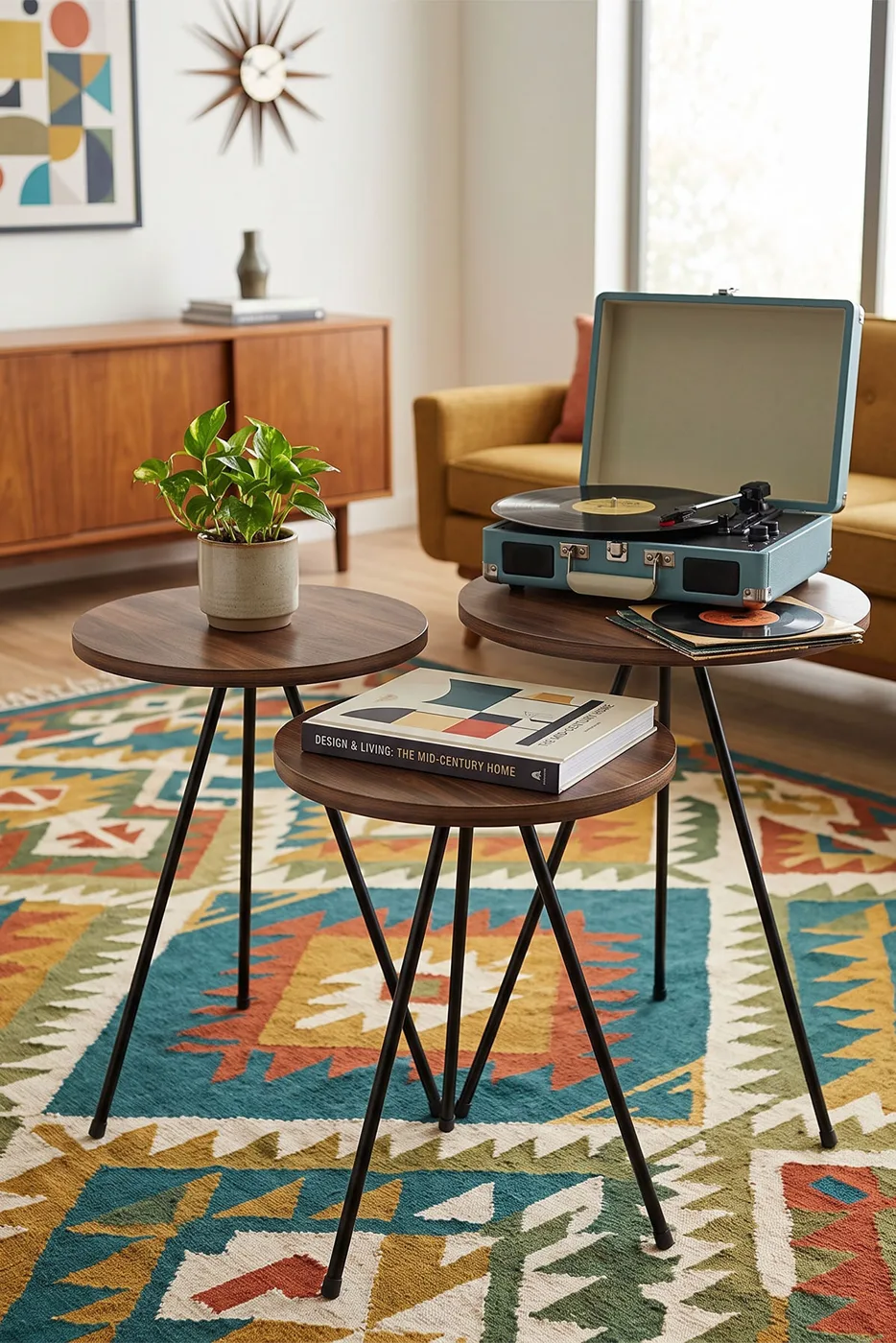 3-Piece Round Nesting Table Set Metal Legs - Walnut