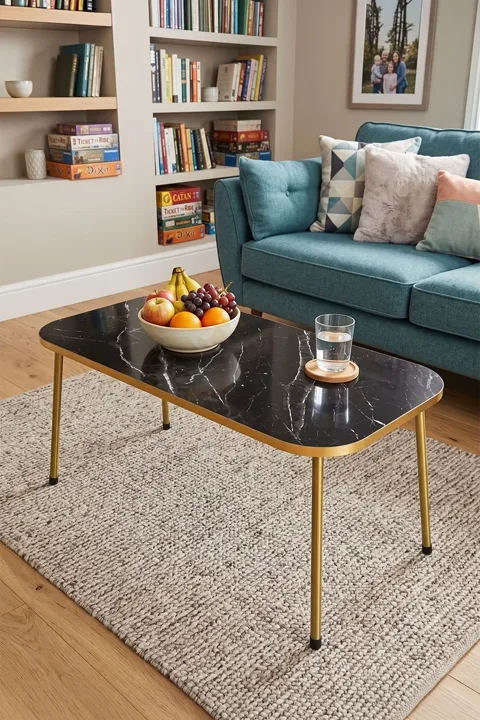 Rectangular Coffee Table Gold Metal Legs - Black Marble Effect