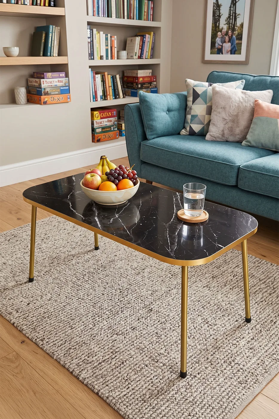 Rectangular Coffee Table Gold Metal Legs - Black Marble Effect