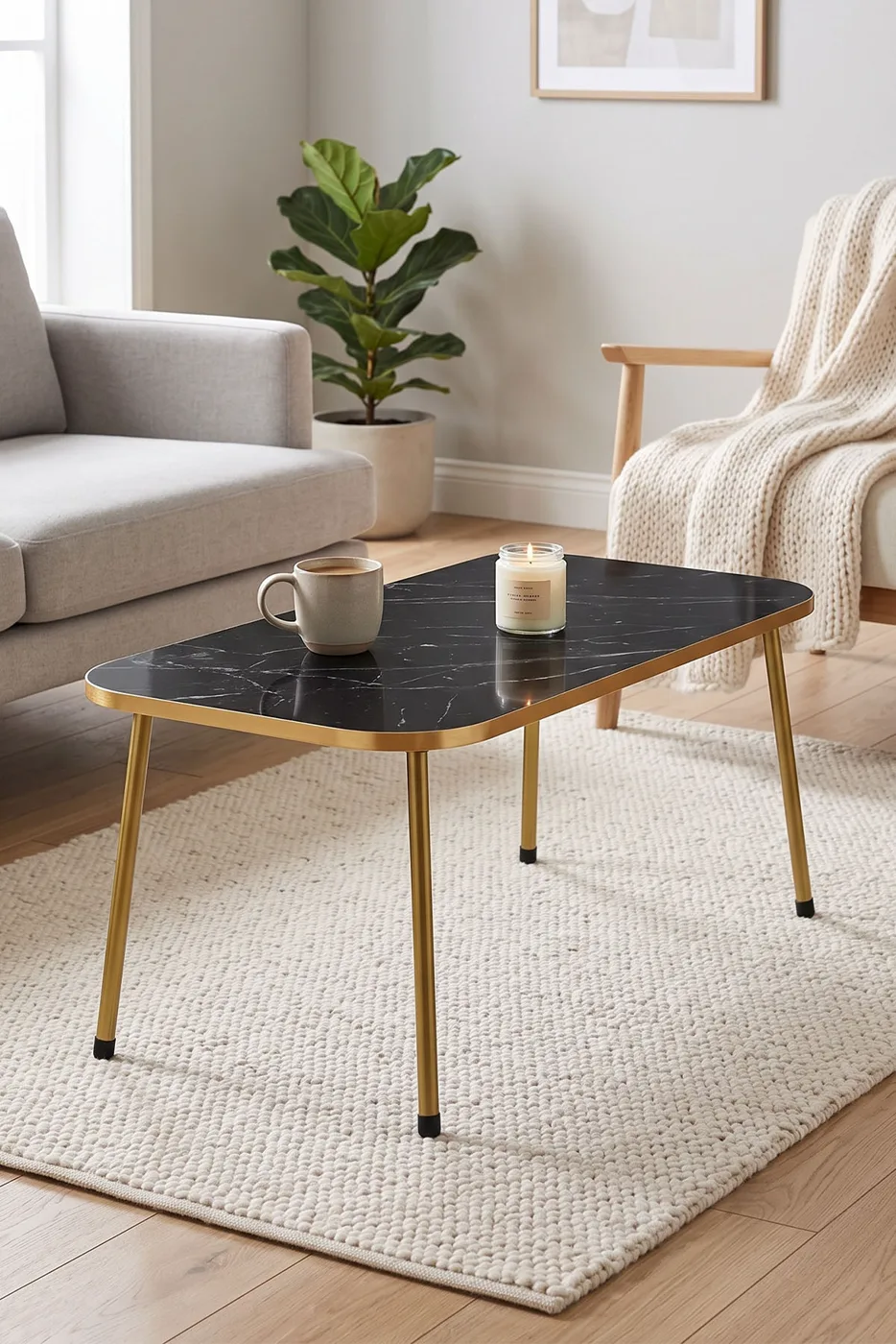 Rectangular Coffee Table Gold Metal Legs - Black Marble Effect