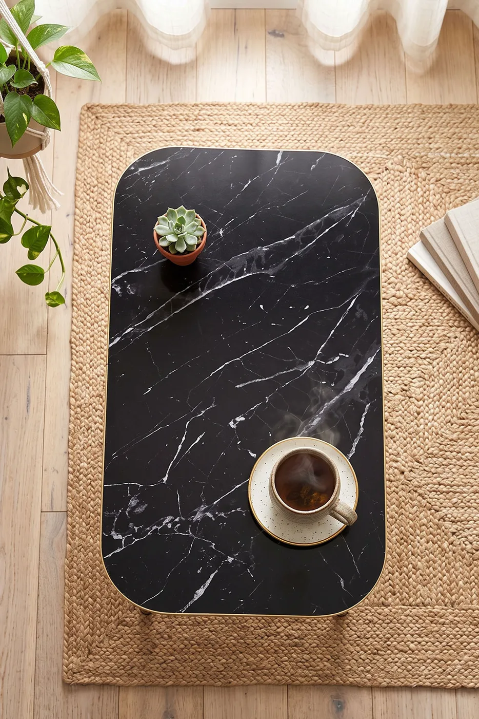 Rectangular Coffee Table Gold Metal Legs - Black Marble Effect