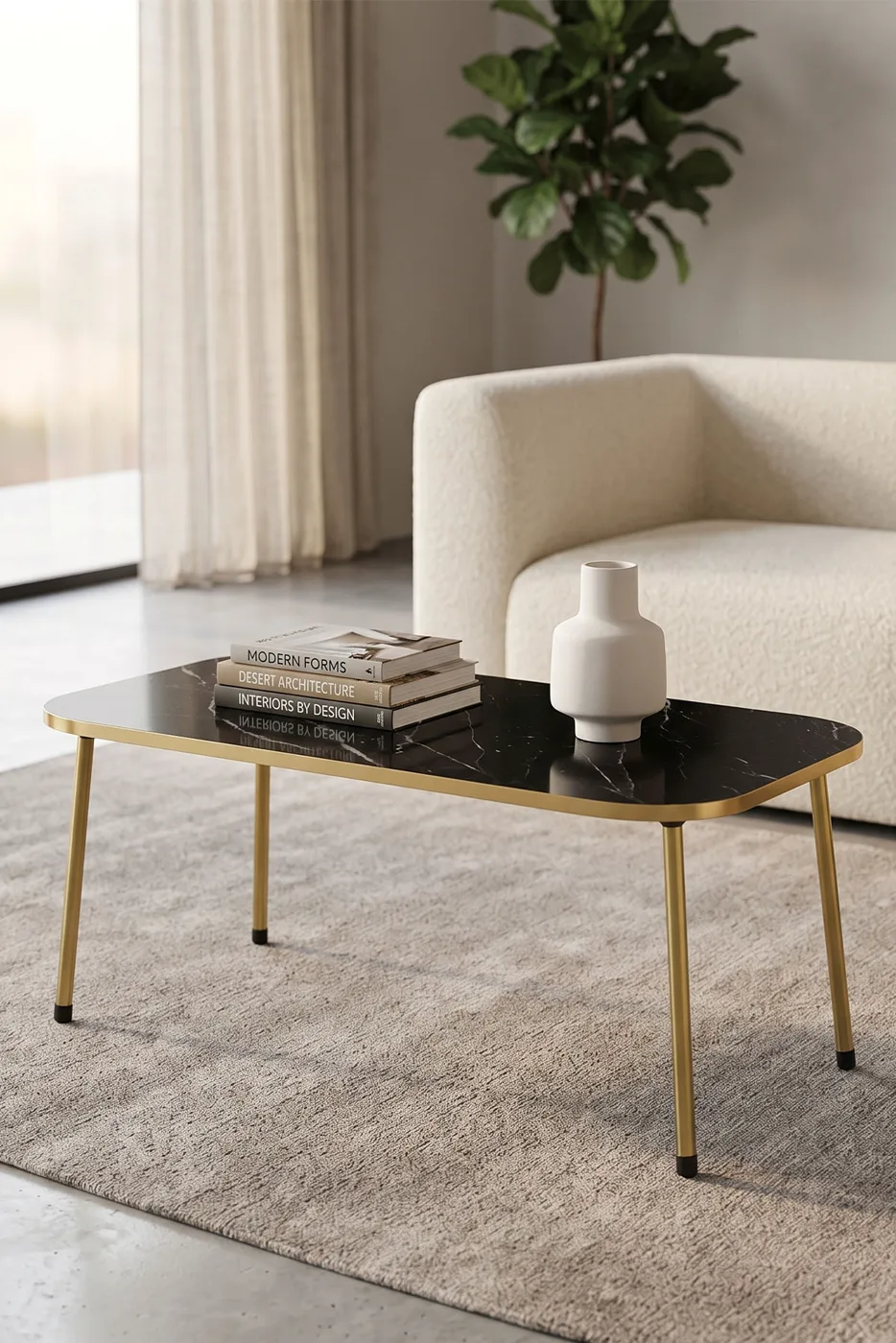 Rectangular Coffee Table Gold Metal Legs - Black Marble Effect