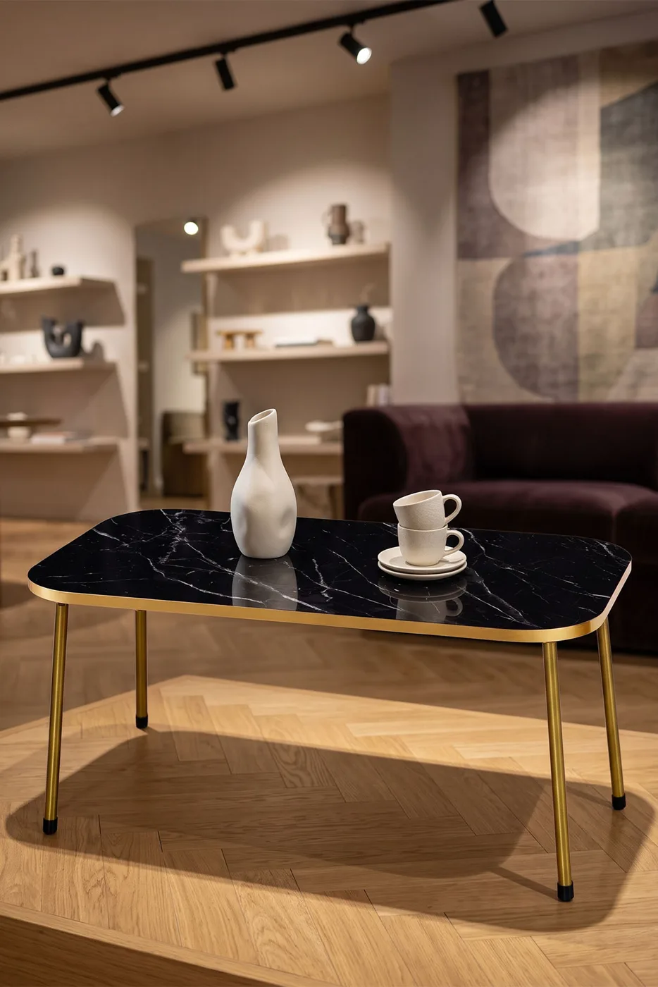 Rectangular Coffee Table Gold Metal Legs - Black Marble Effect