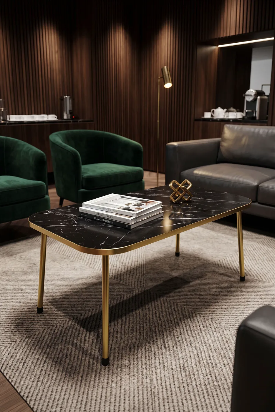 Rectangular Coffee Table Gold Metal Legs - Black Marble Effect