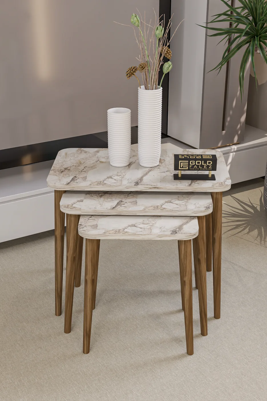 3-Piece Rectangular Nesting Table Set Turned Wooden Legs - White Marble Effect