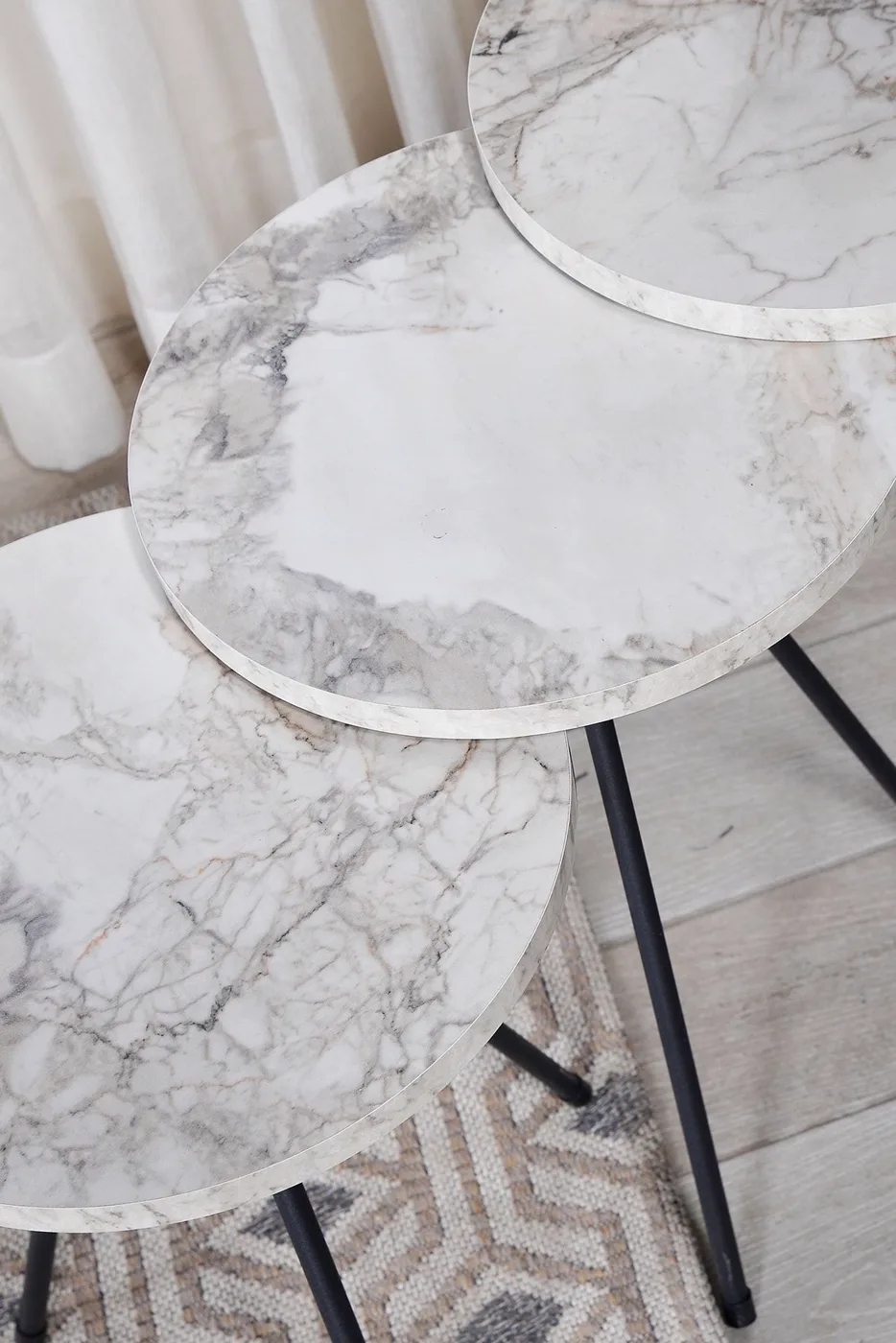3-Piece Round Nesting Table Set Metal Legs - White Marble Effect
