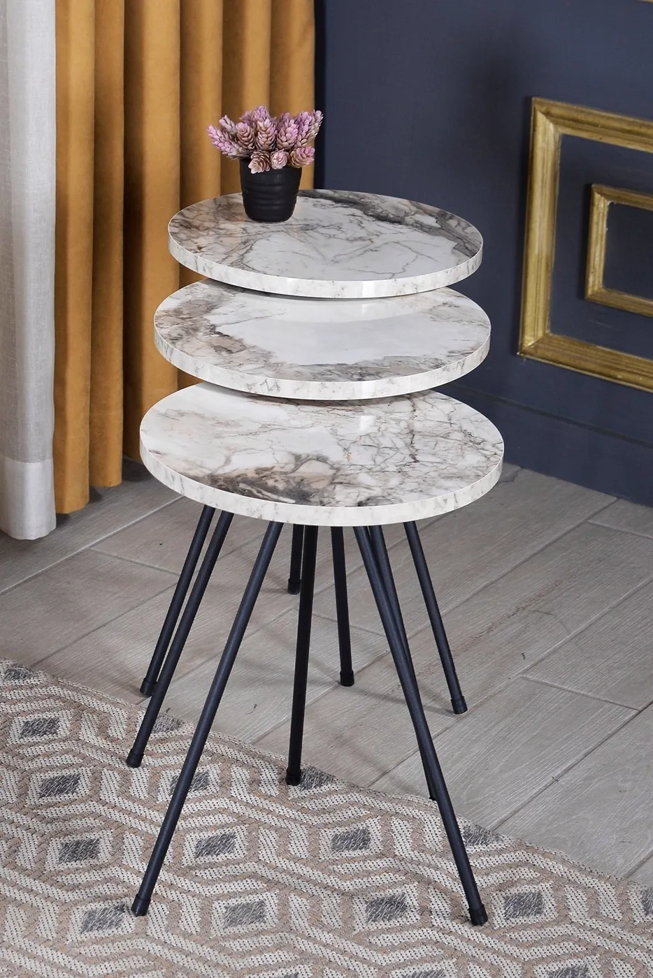 3-Piece Round Nesting Table Set Metal Legs - White Marble Effect