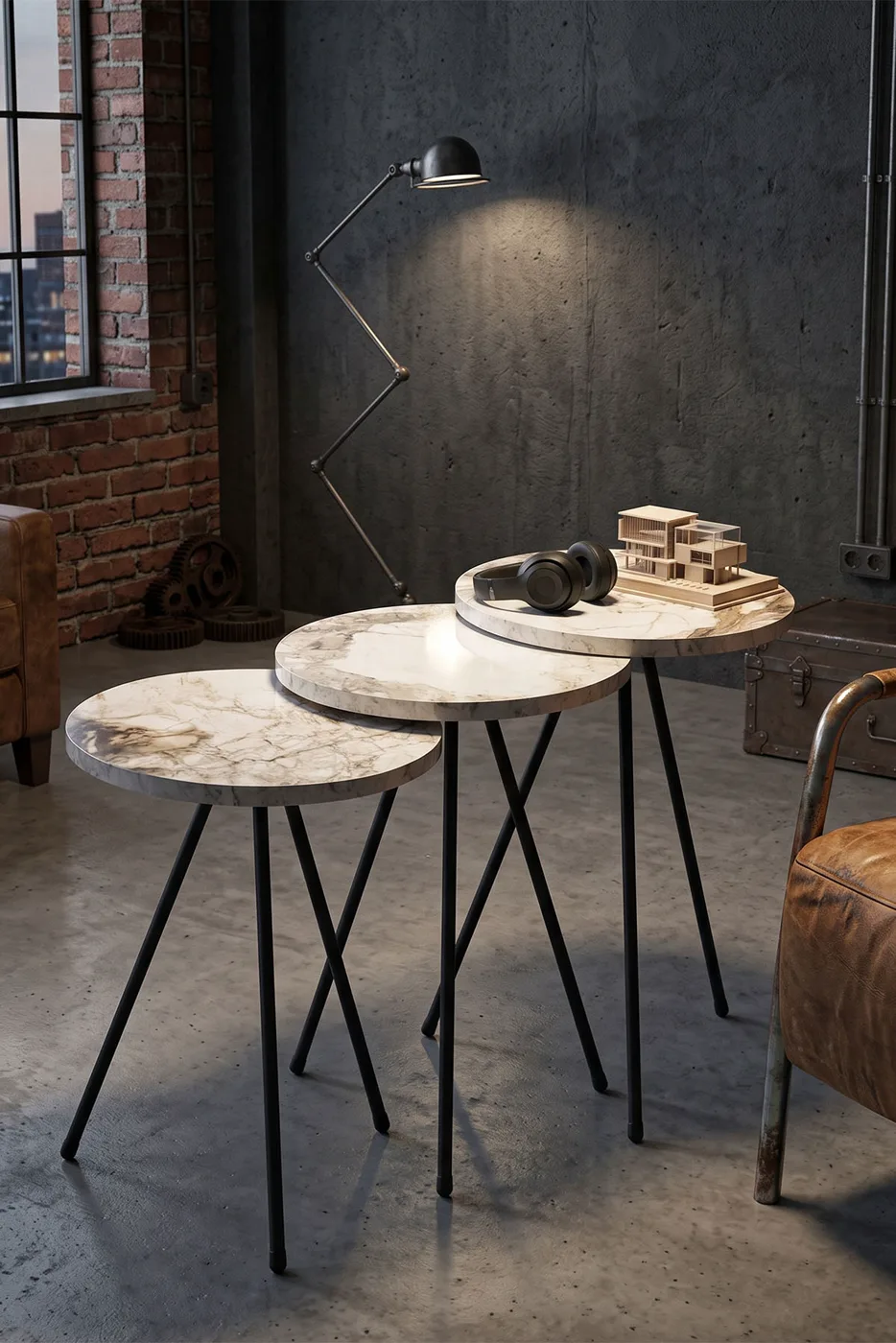 3-Piece Round Nesting Table Set Metal Legs - White Marble Effect