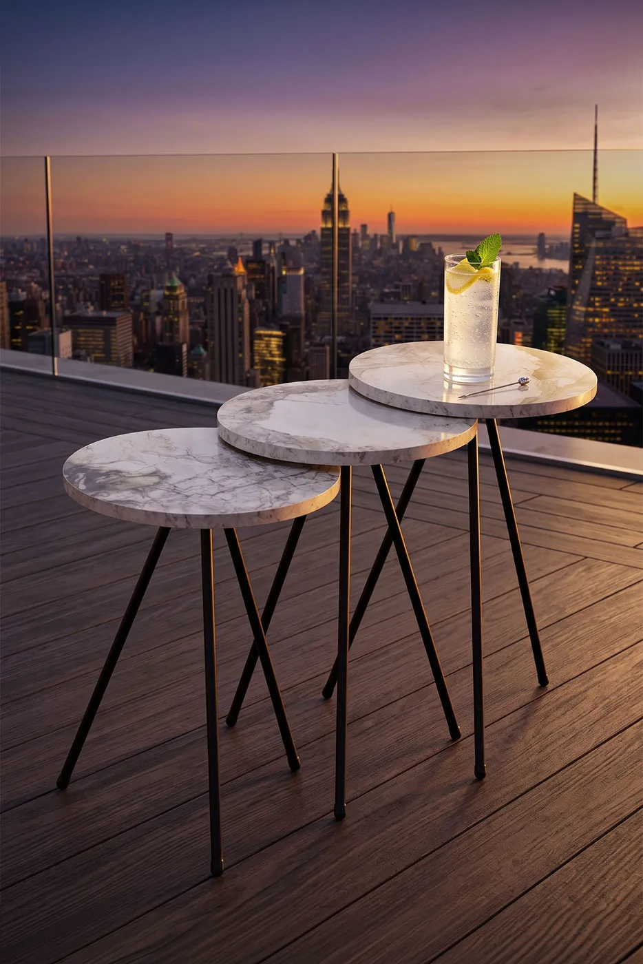 3-Piece Round Nesting Table Set Metal Legs - White Marble Effect